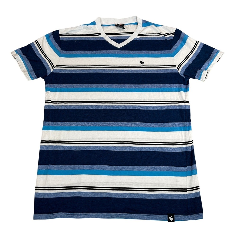 Southpole Mens XL V-Neck T-Shirt Blue White Striped Short Sleeve Streetwear Y2K